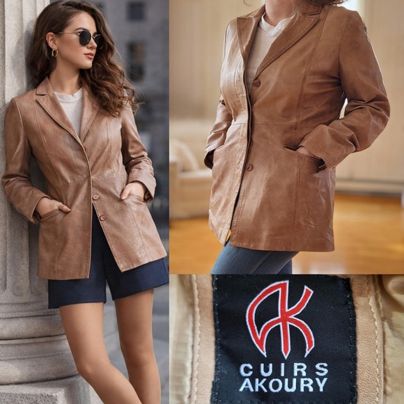 Jackets & Blazers - Akoury Vintage Tan Genuine Leather Button Blazer Jacket